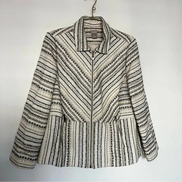 Chico’s Tweed Jacket Size 3 (16-18) Stripped Blazer Zip Closure Side Pockets - Picture 7 of 16